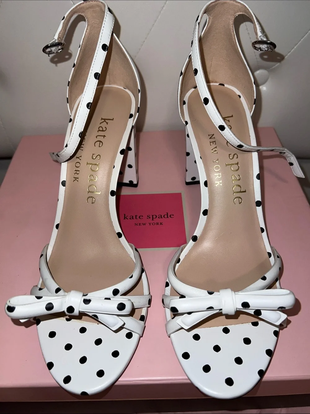 kate spade White with Black Polka Dot Bow Ankle-Strap Heels - Picture 6 of 8